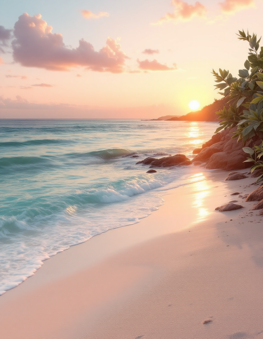 Praia ao pôr do sol com areia rosa e água turquesa